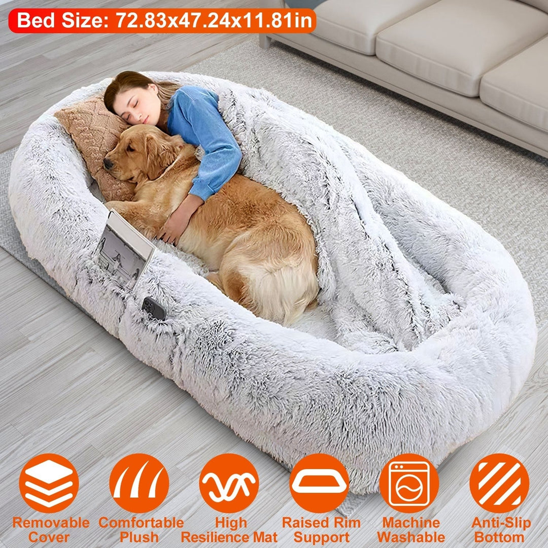 Human Size Dog Bed 72.83x47.24in Plush Bean Bag Washable Pillow Blanket Grey Image 1