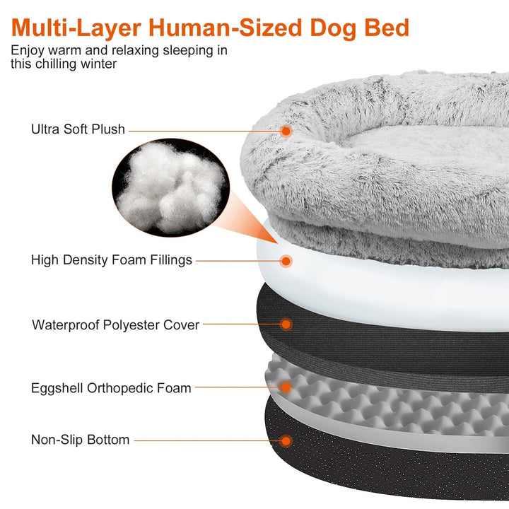 Human Size Dog Bed 72.83x47.24in Plush Bean Bag Washable Pillow Blanket Grey Image 2