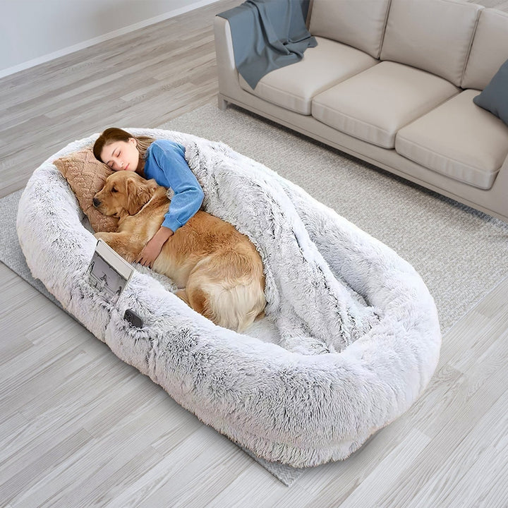 Human Size Dog Bed 72.83x47.24in Plush Bean Bag Washable Pillow Blanket Grey Image 8