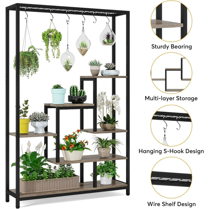 Tribesigns 5-Tier Tall Indoor Plant Stand, 70.9" Large Metal Plant Shelf with Hanging Hooks, Multi-Purpose Flower Bonsai Image 7