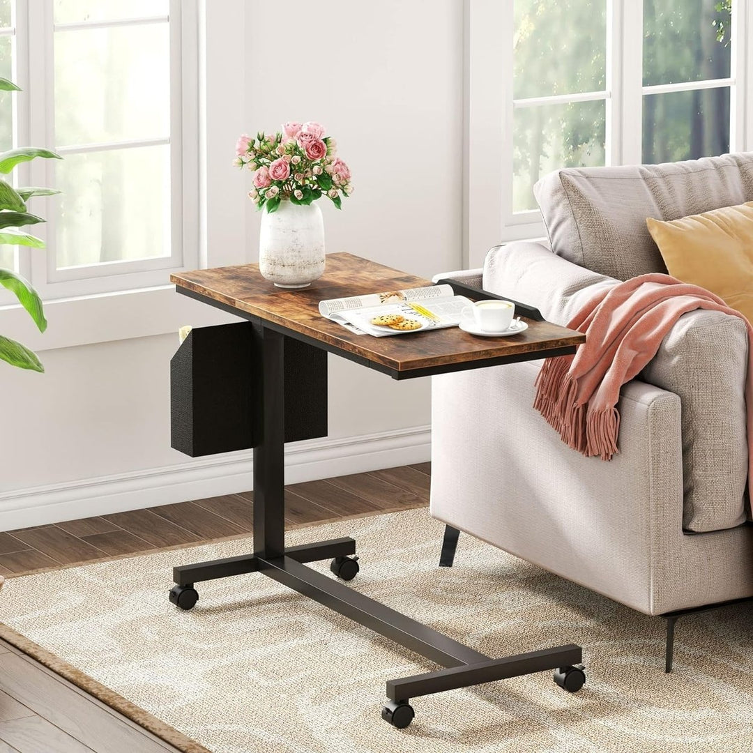 Tribesigns Height Adjustable C Shaped End Table with Wheels and Side Pocket, Mobile Sofa Snack Table with Tiltable Image 3