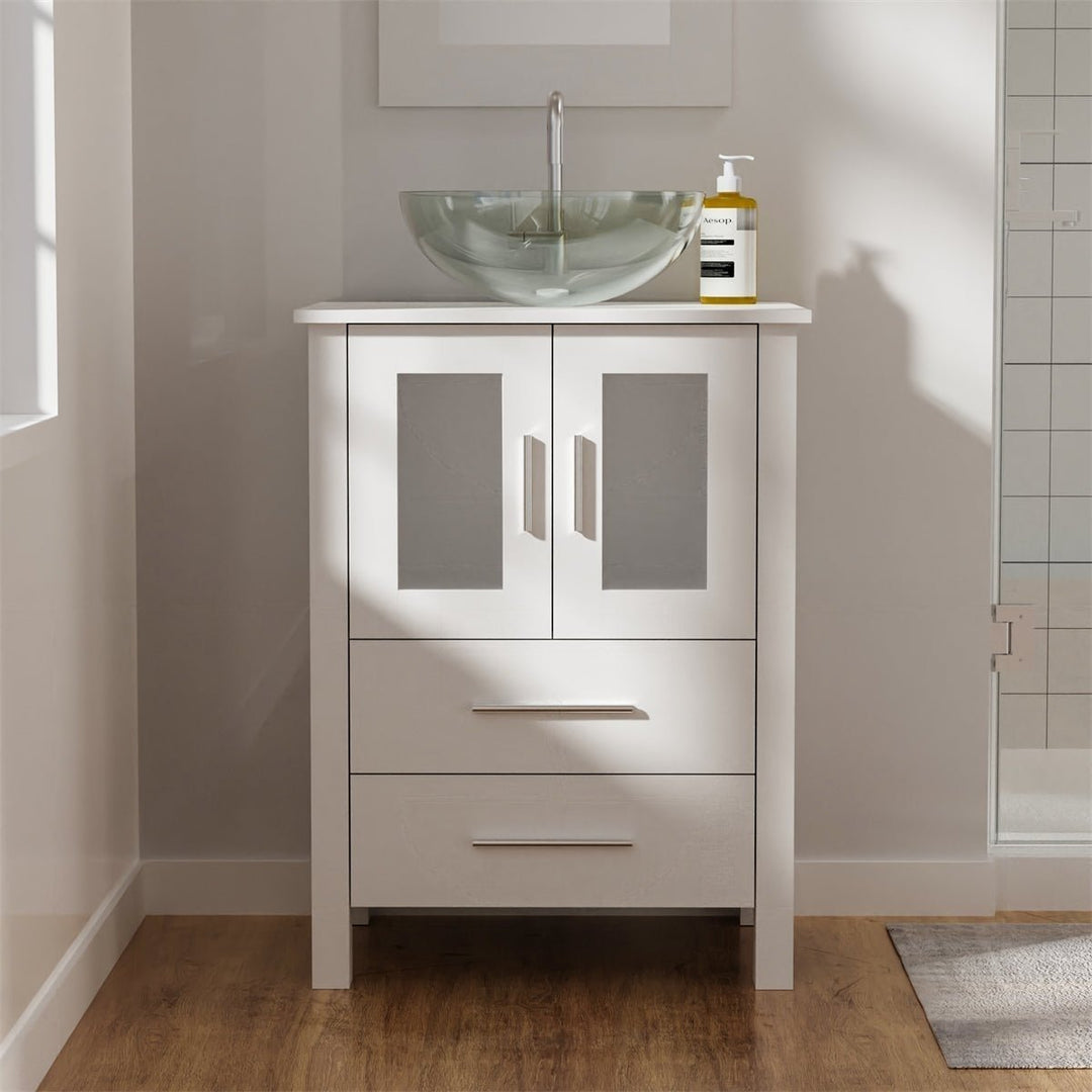 Exbrite 24 in.W x 19 in.D x 32.3 in.H White Wooden Minimalist Bathroom Cabinet Vanity with Mirrors,Two Floor Image 5