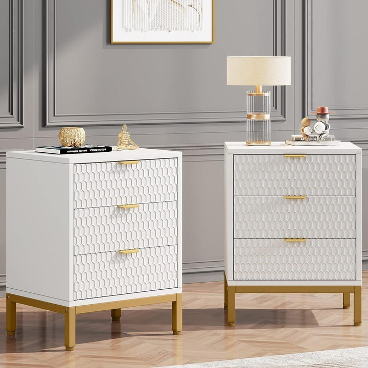 Tribesigns Modern Nightstand 25.8" Tall Bedside Table with 3 Drawers White Gold Image 1