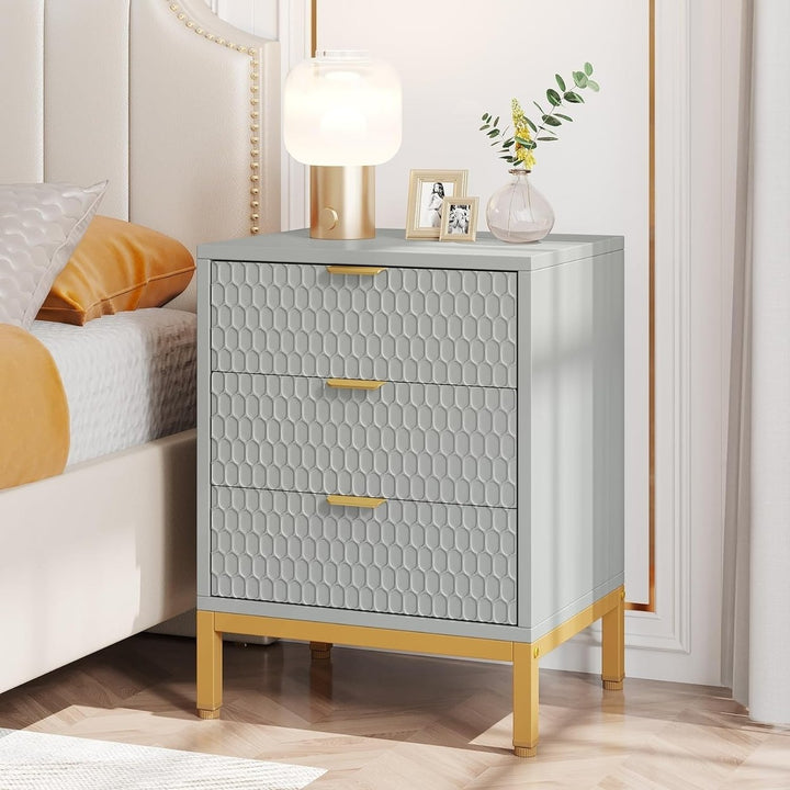 Tribesigns Modern Nightstand 25.8" Tall Bedside Table with 3 Drawers White Gold Image 1