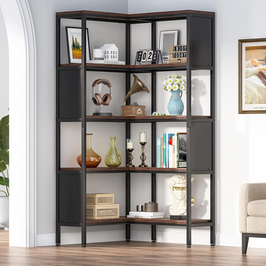Tribesigns 5-Shelf Corner Bookshelf, Industrial 5-Tier L-Shaped Bookcase with Safety Baffles, Large Corner Book Shelves Image 1