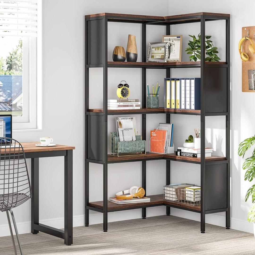 Tribesigns 5-Shelf Corner Bookshelf, Industrial 5-Tier L-Shaped Bookcase with Safety Baffles, Large Corner Book Shelves Image 2