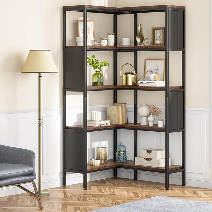 Tribesigns 5-Shelf Corner Bookshelf, Industrial 5-Tier L-Shaped Bookcase with Safety Baffles, Large Corner Book Shelves Image 3