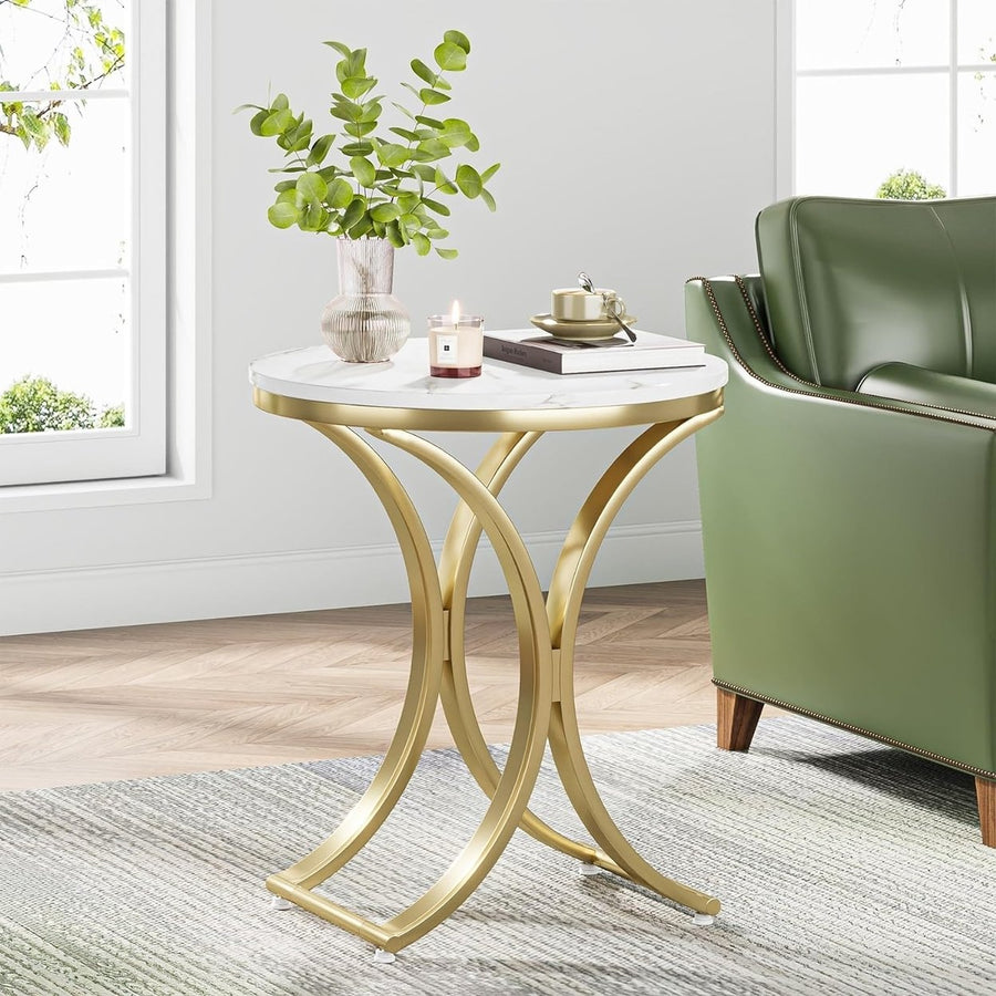 Tribesigns Round Side Table Marble Top Gold Metal C Legs 19.7" Accent Table Image 1