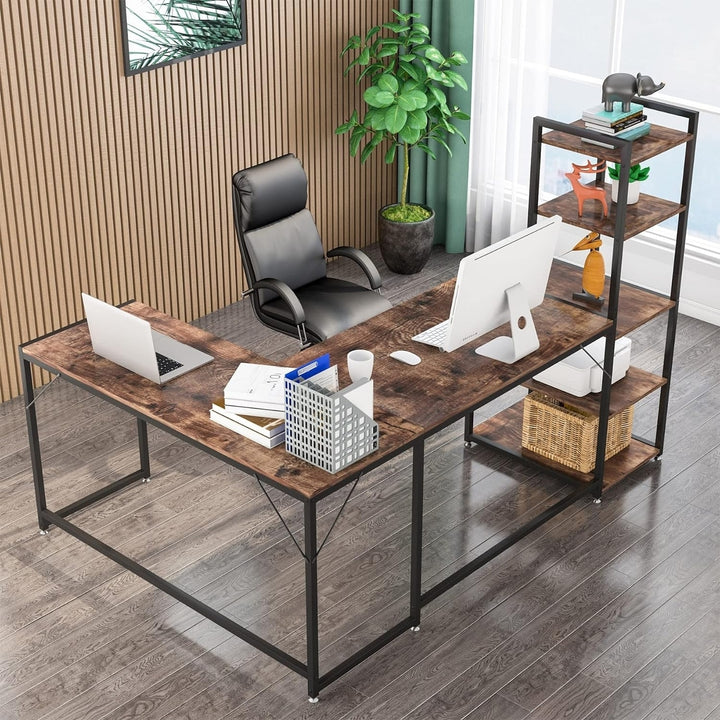 Tribesigns 79" Reversible L-Shaped Computer Desk, Industrial Large Corner Desk with 5 Tier Storage Shelves Image 3