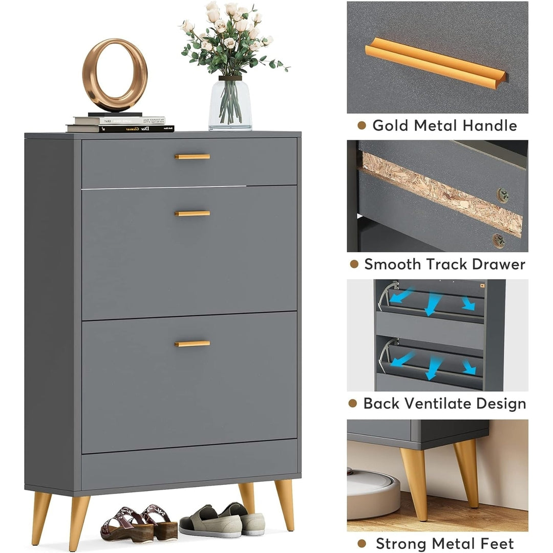 Tribesigns Shoe Cabinet, Grey Shoe Storage Cabinet with 2 Flip Doors and Drawer, Modern Narrow Shoe Organizer Rack Image 5