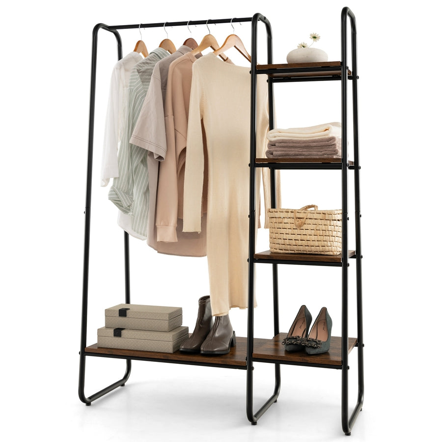 Metal Garment Rack Free Standing Closet Organizer w/5 Shelves Hanging Bar Black Image 1