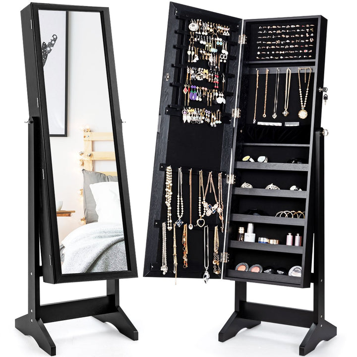 Costway Jewelry Cabinet Stand Mirror Armoire Lockable Organizer Large Storage Box White\Black\Brown Image 1