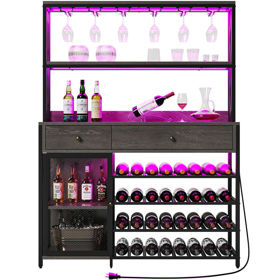 TAUS Bar Cabinet with LED Lights and Hutch Drawers Wine Liquor Display Rack Cabinet Image 1