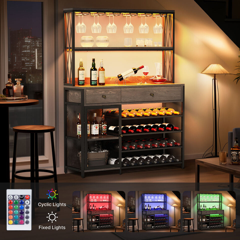 TAUS Bar Cabinet with LED Lights and Hutch Drawers Wine Liquor Display Rack Cabinet Image 2