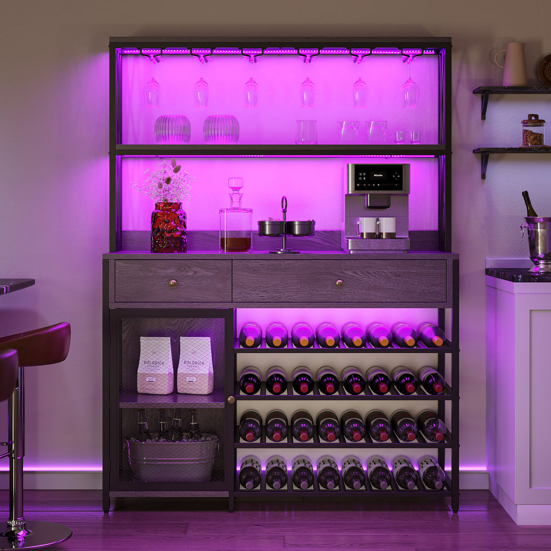 TAUS Bar Cabinet with LED Lights and Hutch Drawers Wine Liquor Display Rack Cabinet Image 4