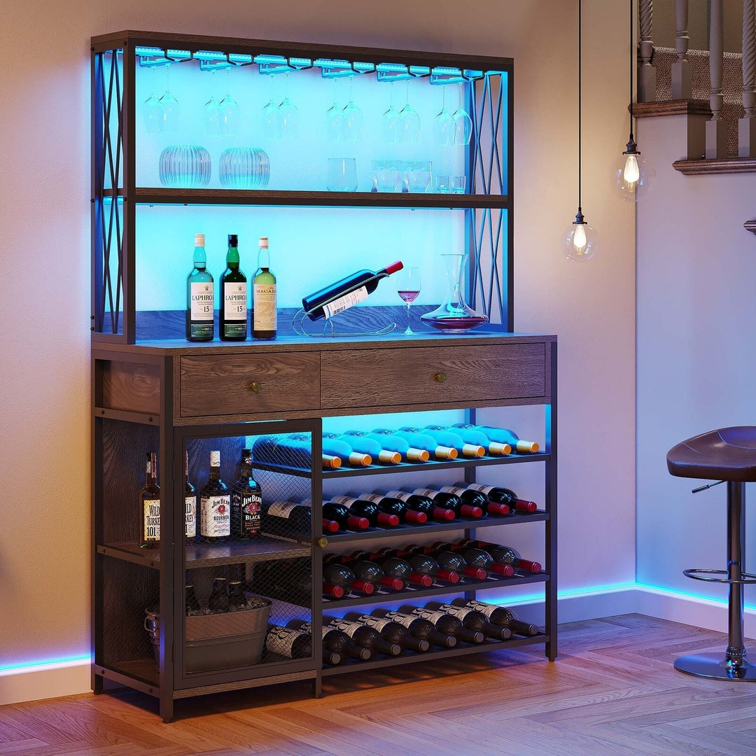 TAUS Bar Cabinet with LED Lights and Hutch Drawers Wine Liquor Display Rack Cabinet Image 6