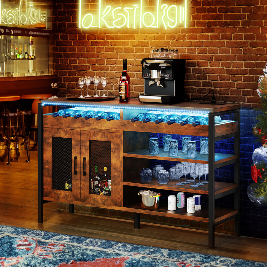 55" Coffee Wine Bar Cabinet Liquor Storage Display Sideboard Buffet w/LED Lights Image 1