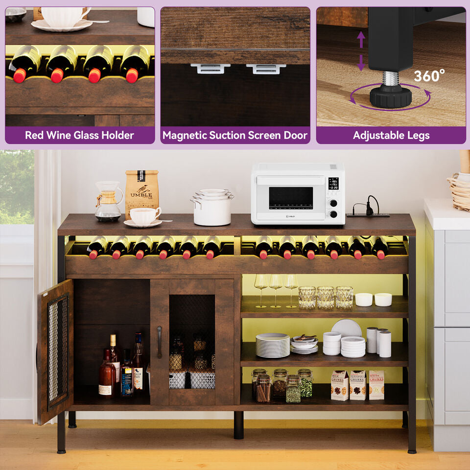 55" Coffee Wine Bar Cabinet Liquor Storage Display Sideboard Buffet w/LED Lights Image 2