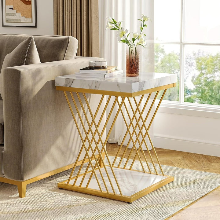 Tribesigns White Gold End Table Set of 2 2-Tier Side Table Modern Storage 19.7" Image 1