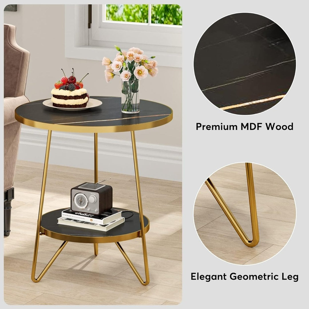 Tribesigns Faux Marble End Table Round 2 Tier Side Table Black Gold Accent Table Image 5