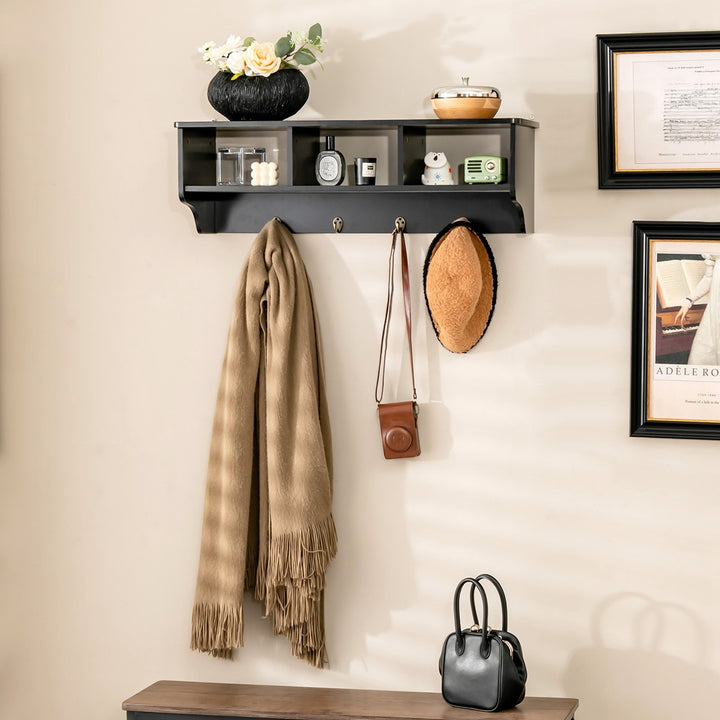 Wall Mount Coat Rack Storage Shelf Cubby Organizer Hooks Entryway Hallway Black Image 2