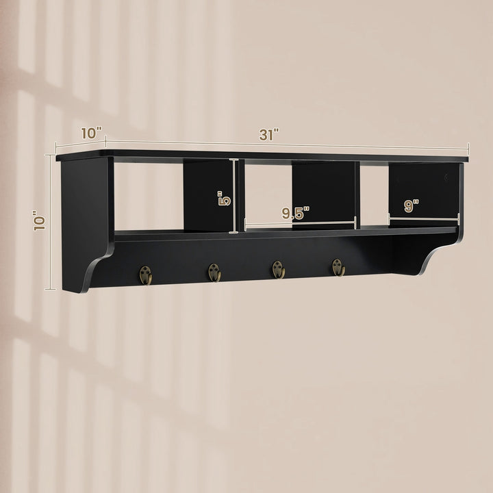 Wall Mount Coat Rack Storage Shelf Cubby Organizer Hooks Entryway Hallway Black Image 3