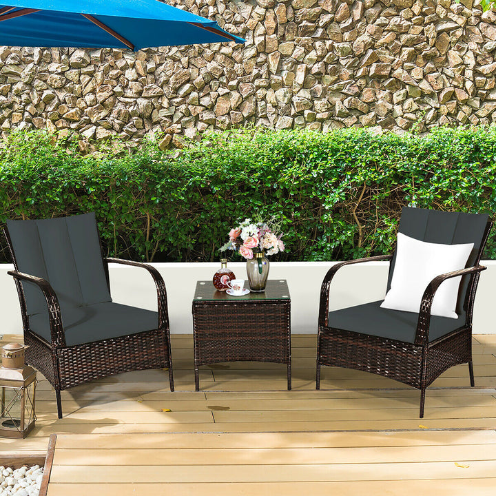 3 PCS Patio Rattan Furniture Set Coffee Table and 2 Rattan Chair W/Gray Cushions Image 4