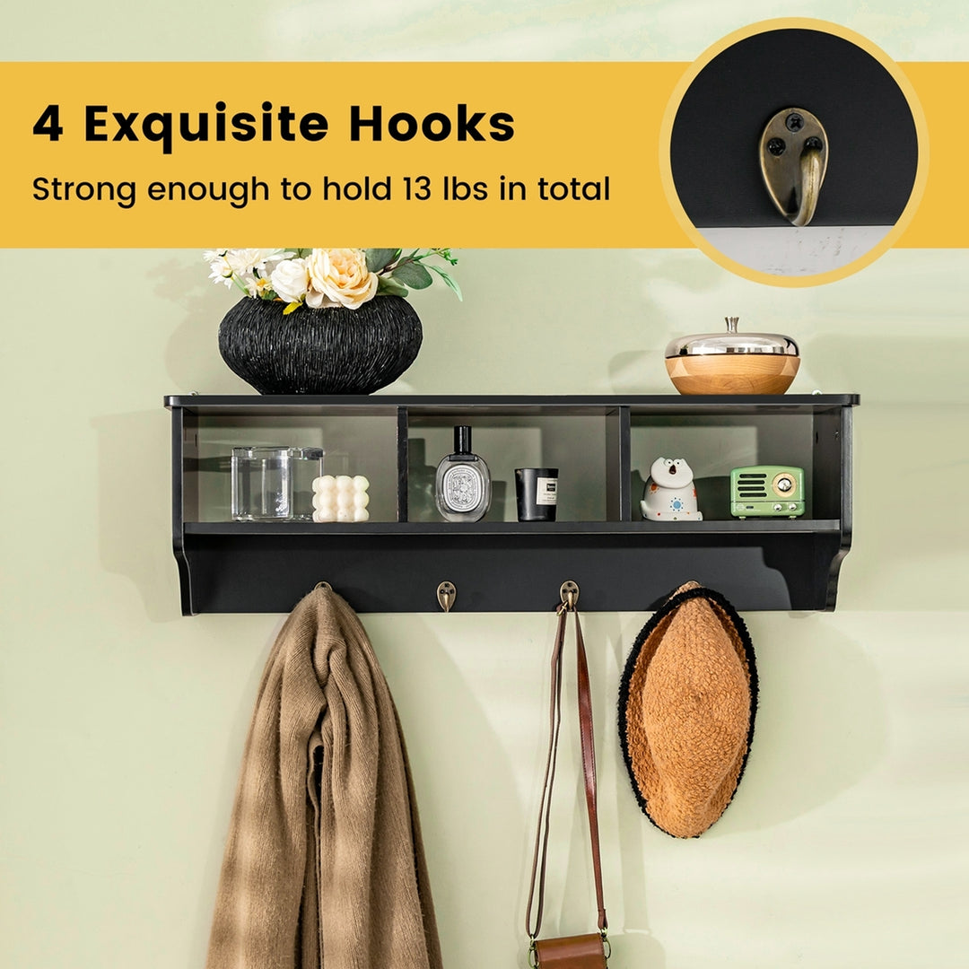 Wall Mount Coat Rack Storage Shelf Cubby Organizer Hooks Entryway Hallway Black Image 7