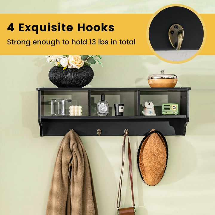 Wall Mount Coat Rack Storage Shelf Cubby Organizer Hooks Entryway Hallway Black Image 7