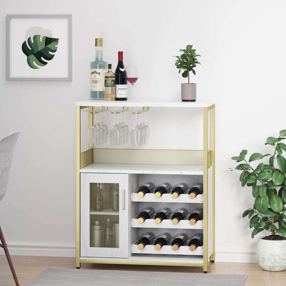 Wine Rack Freestanding Floor Wine Bakers Rack Liquor Bar Cabinet Wine Bar Table Gold Image 2