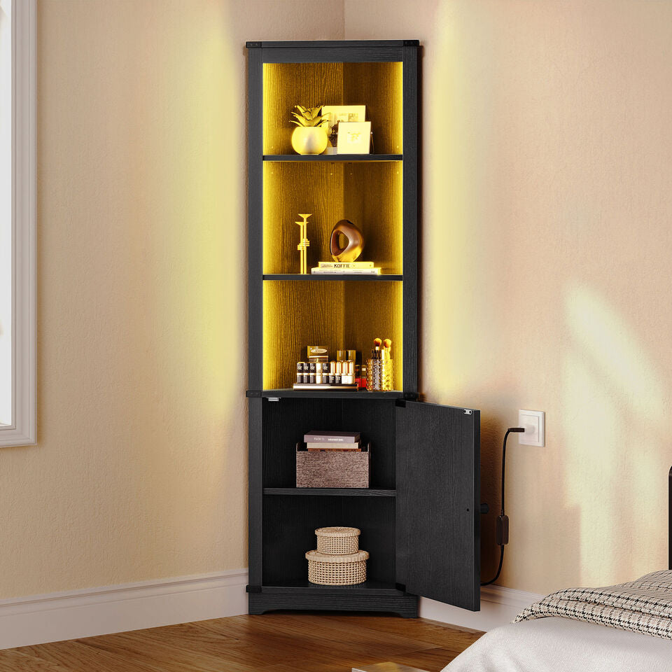 TAUS Corner Shelf with LED Light 5-Tier Corner Cabinet w/ Doors Display Storage Rack Image 8