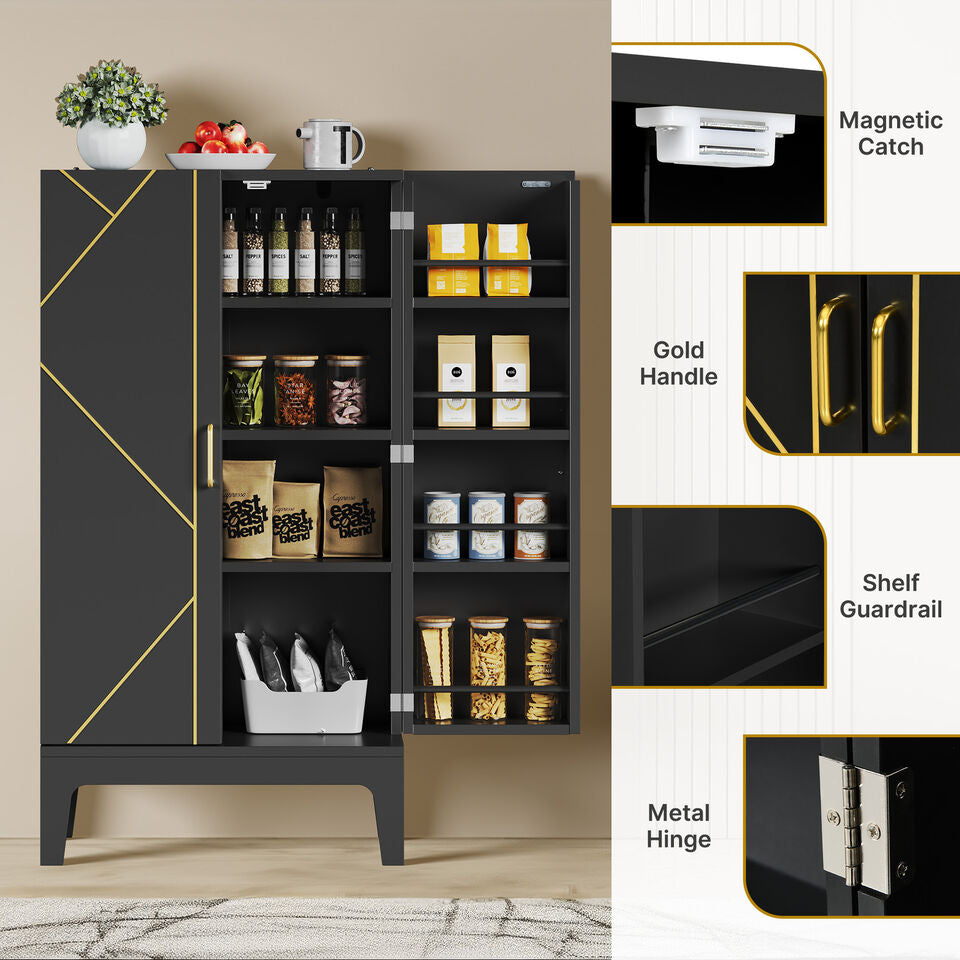 45 Home Kitchen Pantry Storage Cabinet Cupboard with Doors and Shelves Black Image 4