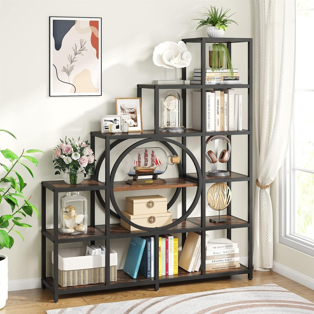 Tribesigns 16 Shelves Bookshelf, 65" Tall Industrial Ladder Corner Bookcase, 12 Cubes Stepped Etagere Bookshelf Image 2