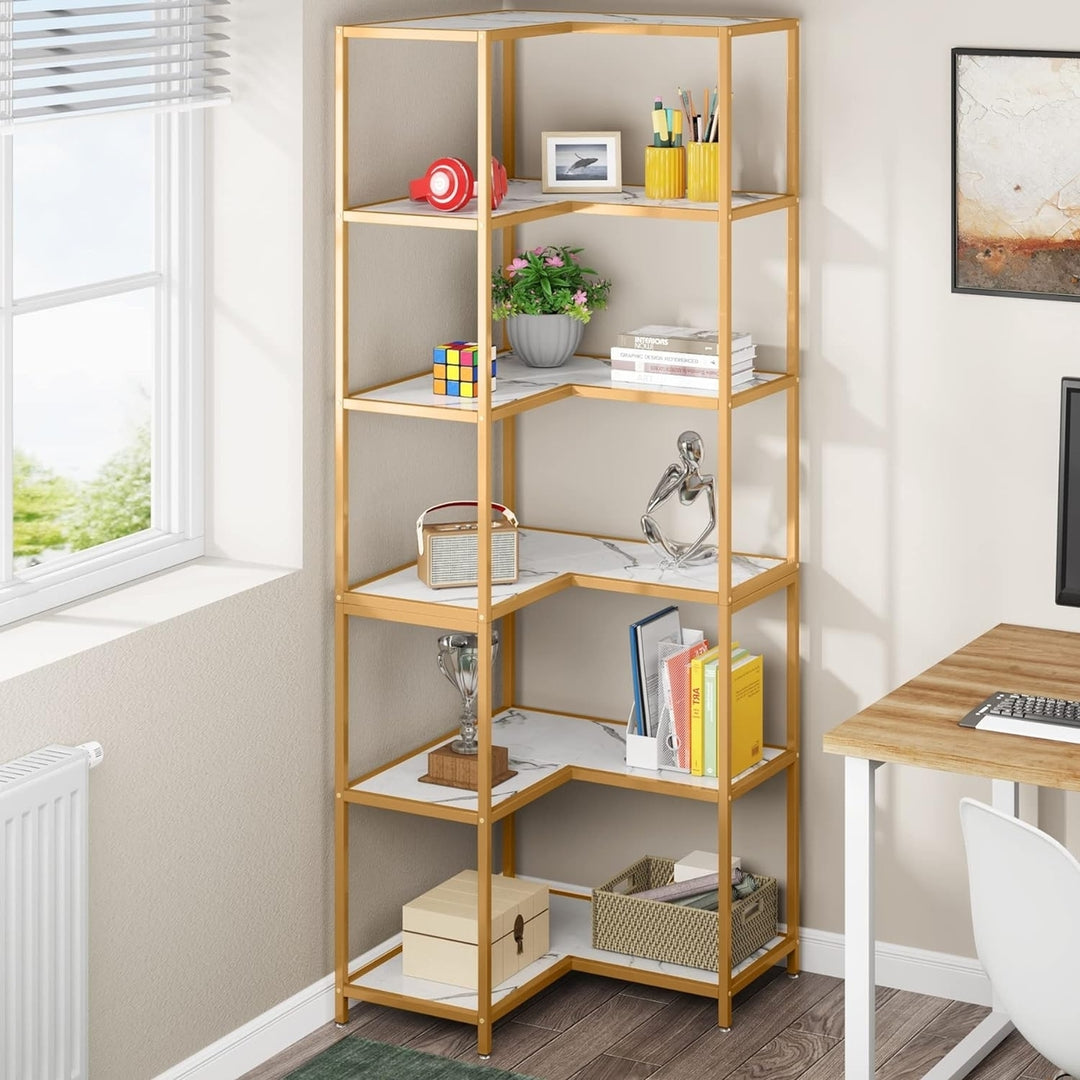 Tribesigns 6-Tier Corner Bookshelf, 0.9" Tall Modern L-Shaped Bookcase with Gold Metal Frame and White Faux Marble Top Image 3