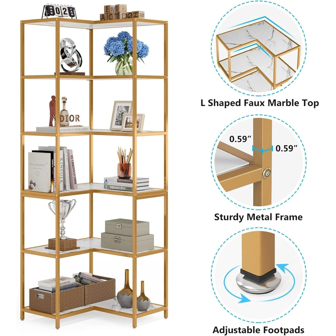 Tribesigns 6-Tier Corner Bookshelf, 0.9" Tall Modern L-Shaped Bookcase with Gold Metal Frame and White Faux Marble Top Image 4