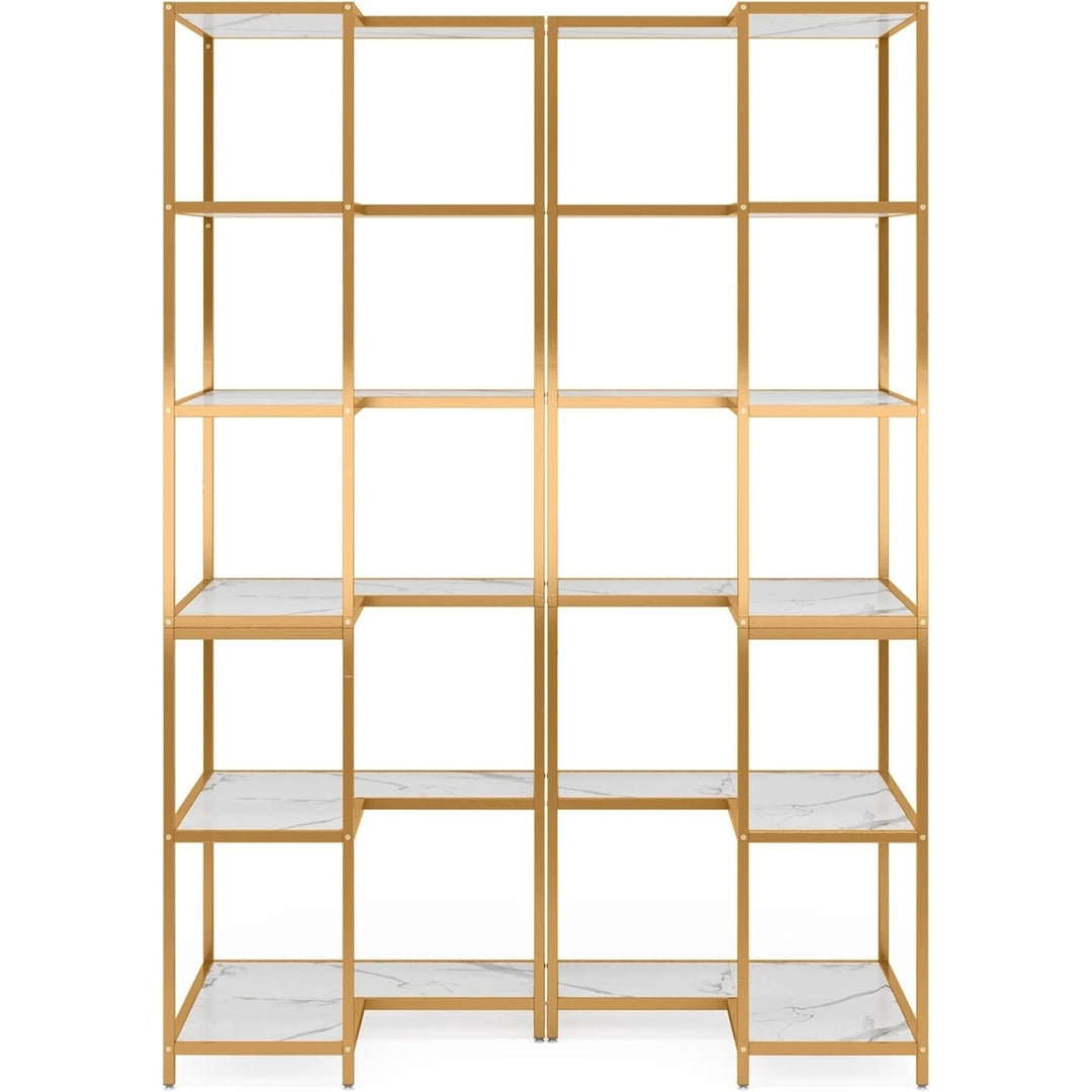 Tribesigns 6-Tier Corner Bookshelf, 0.9" Tall Modern L-Shaped Bookcase with Gold Metal Frame and White Faux Marble Top Image 5