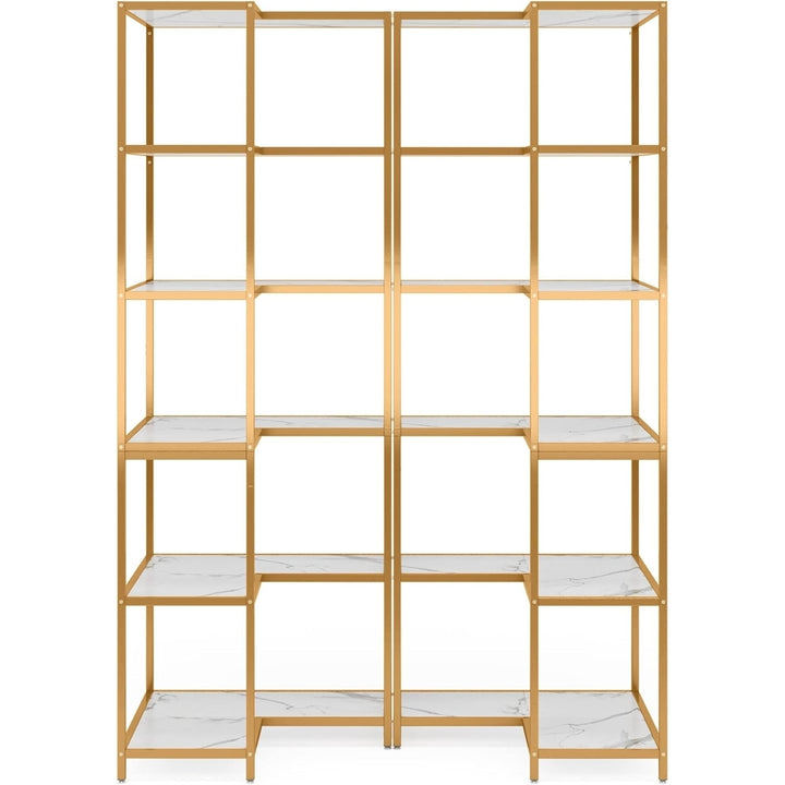 Tribesigns 6-Tier Corner Bookshelf, 0.9" Tall Modern L-Shaped Bookcase with Gold Metal Frame and White Faux Marble Top Image 5