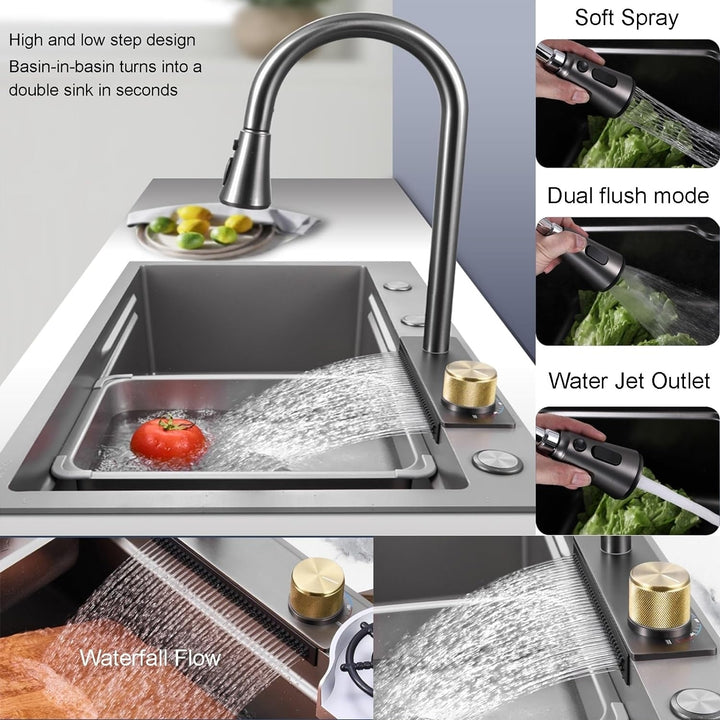 Bronstarz 31.5 Inch Gunmetal Gray Stainless Steel Kitchen Sink with Pull Down Faucet Image 2