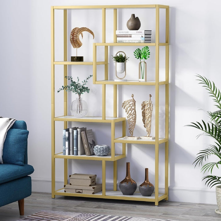 Tribesigns Bookshelf Bookcase, Gold 8-Open Shelf Etagere Bookcase with Faux Marble Image 1