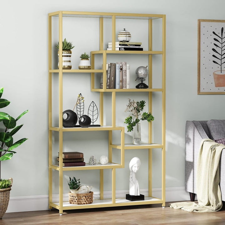 Tribesigns Bookshelf Bookcase, Gold 8-Open Shelf Etagere Bookcase with Faux Marble Image 3