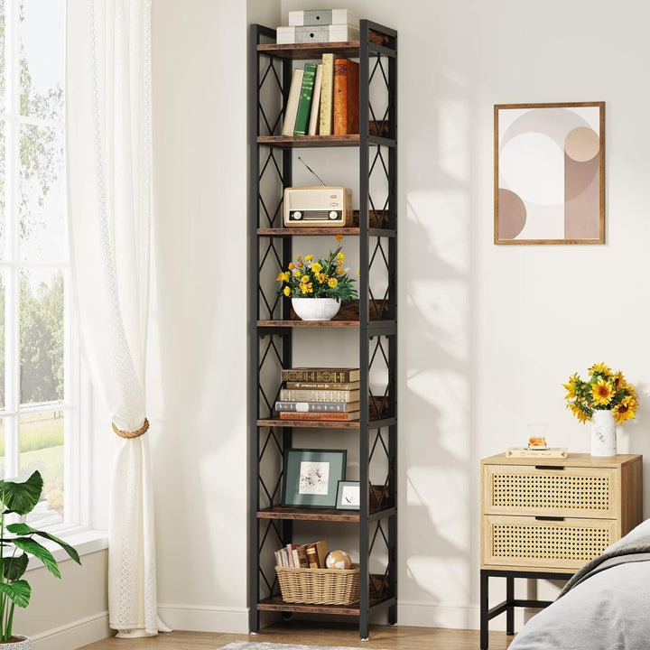 Tribesigns 78.7" Narrow Bookshelf 7 Tier Tall Bookcase Rustic Brown Space Saver Image 1