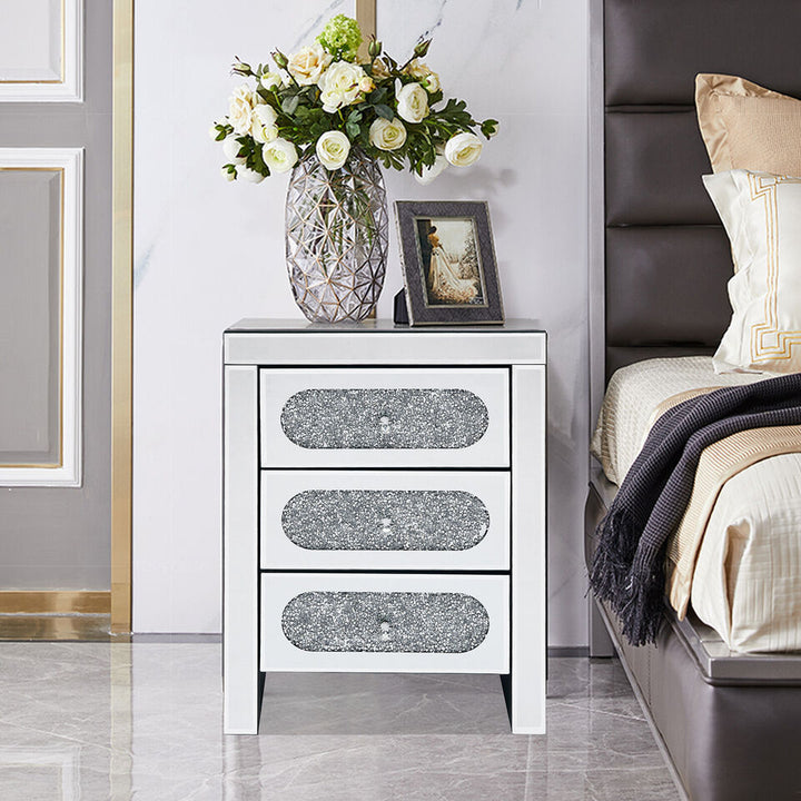 COSVALVE Luxury Mirrored Crystal Silver Nightstand Bedside End Table with USB 3 Drawers Image 1