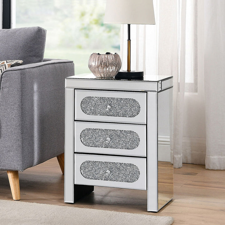 COSVALVE Luxury Mirrored Crystal Silver Nightstand Bedside End Table with USB 3 Drawers Image 2