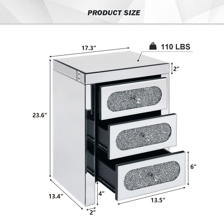 COSVALVE Luxury Mirrored Crystal Silver Nightstand Bedside End Table with USB 3 Drawers Image 4