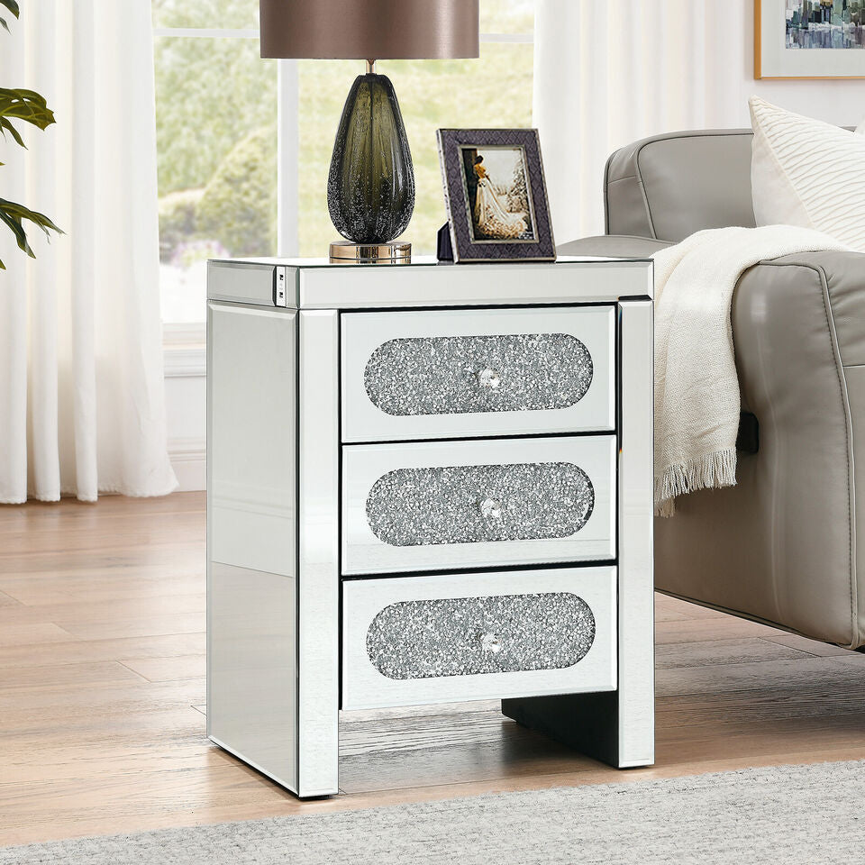 COSVALVE Luxury Mirrored Crystal Silver Nightstand Bedside End Table with USB 3 Drawers Image 6