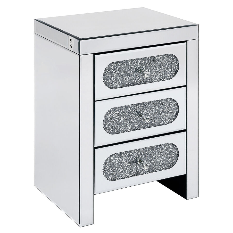 COSVALVE Luxury Mirrored Crystal Silver Nightstand Bedside End Table with USB 3 Drawers Image 7