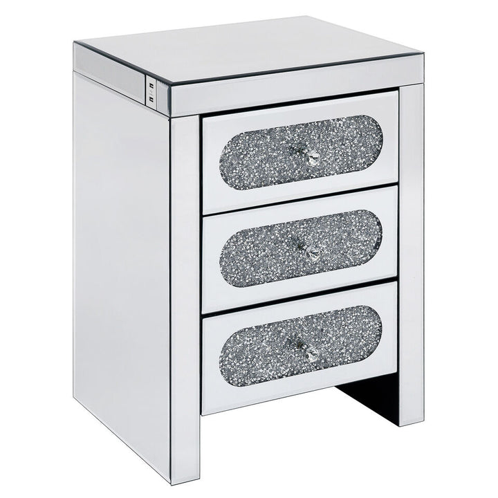 COSVALVE Luxury Mirrored Crystal Silver Nightstand Bedside End Table with USB 3 Drawers Image 7