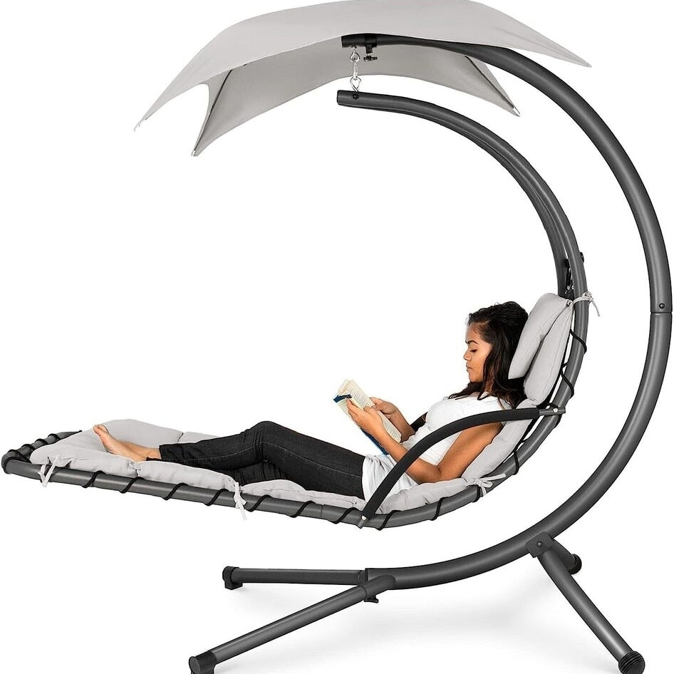 Reclining Chaise Lounge Chair Beach Bed Garden Patio Cushioned With Umbrella White Image 1