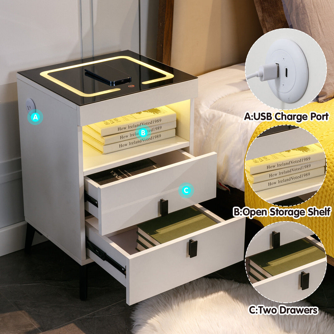 COSVALVE White Modern LED Nightstand Side End Table Touch Screen w/Charging 2 Drawers USB Image 1