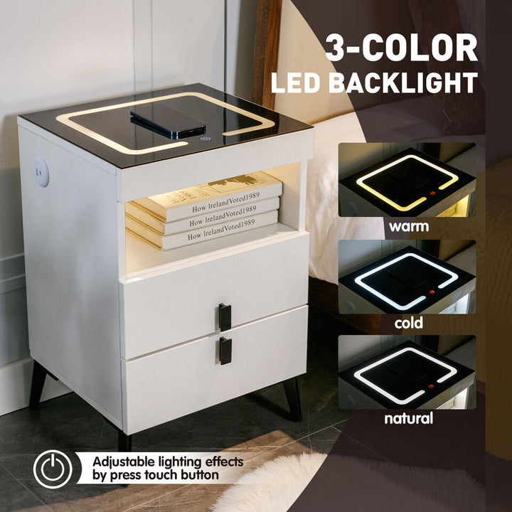 COSVALVE White Modern LED Nightstand Side End Table Touch Screen w/Charging 2 Drawers USB Image 3